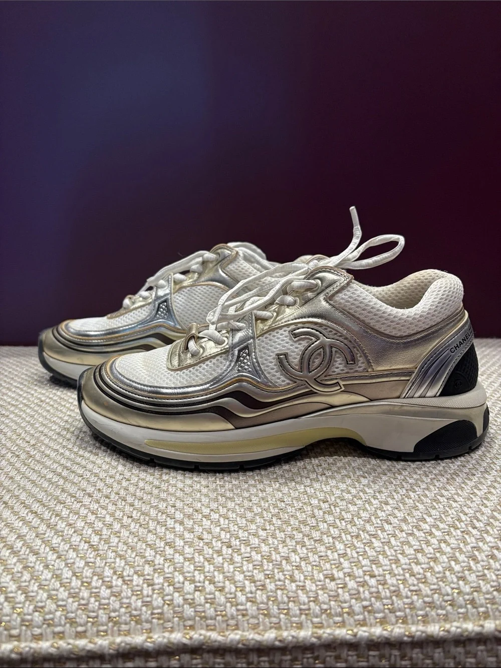 CHANEL Cream and Metallic Silver Low-Top Sneakers